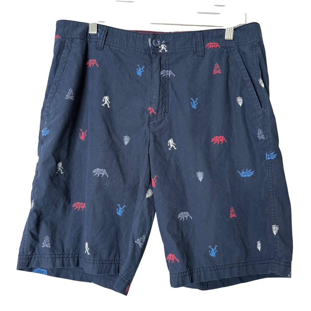 Columbia Wahed Out Printed Shorts Mens 34 Blue Bear Tree Big Foot Outdoor Hiking